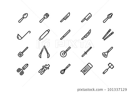 Kitchen utensils line icons. Spoon knives grater canning and pizza roll knife outline symbols, hammer for pounding meat. Vector cooking accessories set editable stroke Kitchen utensils line icons. Spoon knives grater canning and pizza roll knife outline symbols, hammer for pounding meat. Vector cooking accessories set editable stroke 101337129