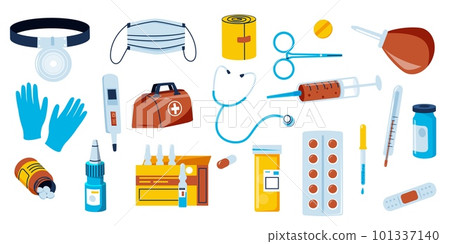 Doodle medical equipment. Cartoon pharmaceutical elements pills drugs antibiotic medication, health treatment medicine pharmacy concept. Vector set Doodle medical equipment. Cartoon pharmaceutical elements pills drugs antibiotic medication, health treatment medicine pharmacy concept. Vector set 101337140