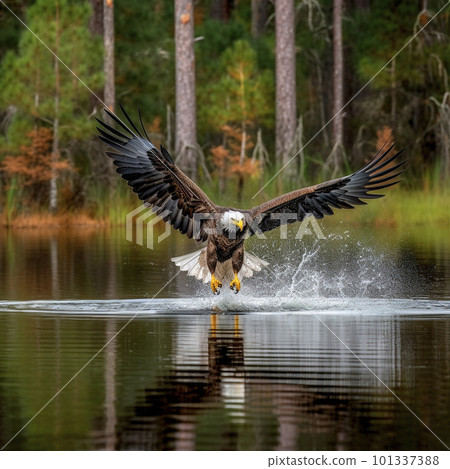 American bald eagle hunting over the surface of the water 101337388