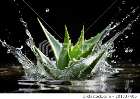 Aloe vera leaves slpashing in water, freeze with extreme fast shutter speed, macro closeup, AI generative image 101337400