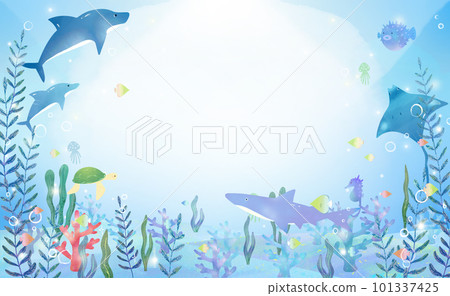 Scandinavian cute vector white background frame illustration material of the sea of the scenery in the sea with dolphins, jellyfish and fish 101337425