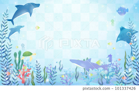 Scandinavian cute vector white background frame illustration material of the sea of the scenery in the sea with dolphins, jellyfish and fish Scandinavian cute vector white background frame illustration material of the sea of the scenery in the sea with dolphins, jellyfish and fish 101337426