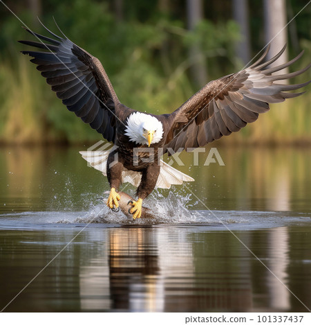 American bald eagle hunting over the surface of the water 101337437