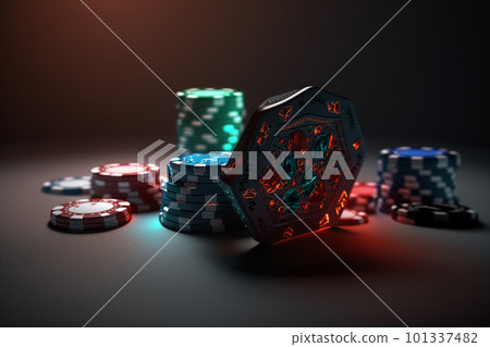Texas poker Hold'em cards and chips. Poker online, player's smartphone at the poker table, Poker game, online casino, card games. Generative AI 101337482