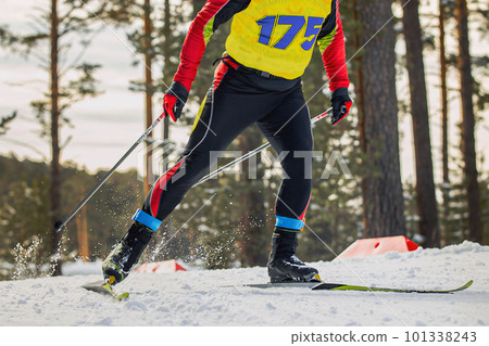 close-up male athlete skier running cross country skiing, winter sports competition 101338243