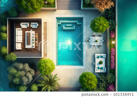 Swimming pool blue water in summer top view angle. Aerial view of swimming pool in a sunny day, relax on vacation time. 101338451