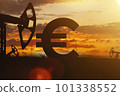 Sing ruble and oil sign against backdrop of beautiful sunset. Purchase and sale of crude oil for ruble. 101338552