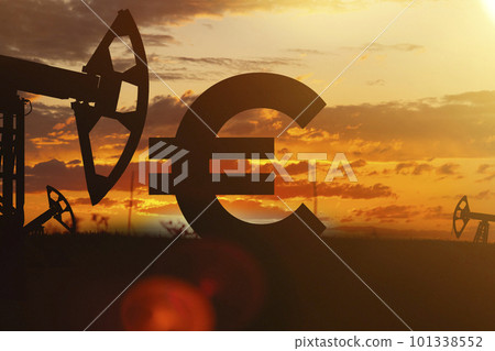 Sing ruble and oil sign against backdrop of beautiful sunset. Purchase and sale of crude oil for ruble. 101338552