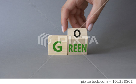 Go green symbol. Businessman hand Turnes cubes with words Go Green. Beautiful grey background. Ecological and Business and Go green concept. Copy space 101338561