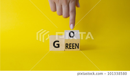 Go green symbol. Businessman hand points at turned wooden cubes with words Go Green. Beautiful yellow background. Ecological and Business and Go green concept. Copy space 101338580