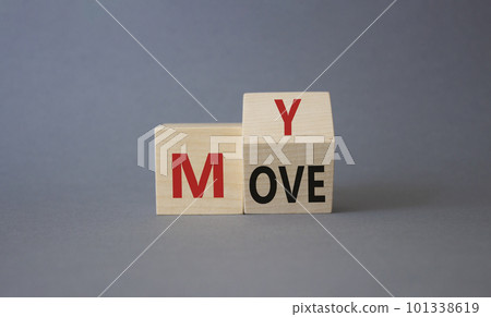 My Move symbol. Turned wooden cubes with words My Move. Beautiful grey background. Business and My Move concept. Copy space 101338619