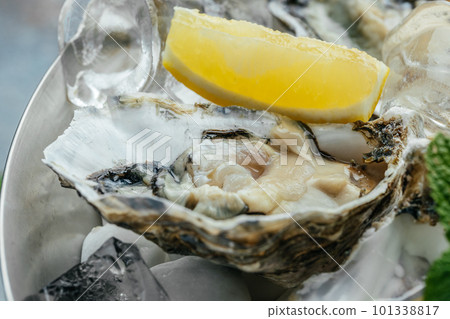 Oysters with wine, lemon, and ice. oysters dish. Oyster dinner with champagne in restaurant. banner, menu, recipe place for text, top view 101338817