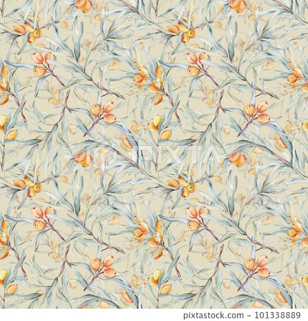 Pattern with orange sea buckthorn. Sea buckthorn for healthy life and design background. Hand painted. Botanical natural. Seamless pattern, an illustration for postcards, posters, textile design. Pattern with orange sea buckthorn. Sea buckthorn for healthy life and design background. Hand painted. Botanical natural. Seamless pattern, an illustration for postcards, posters, textile design. 101338889