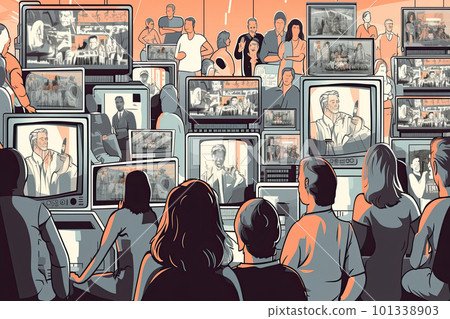 People watching a lot of retro televisions. Propaganda and fake news concept. Politicians manipulate society with help of public television. Created with Generative AI 101338903