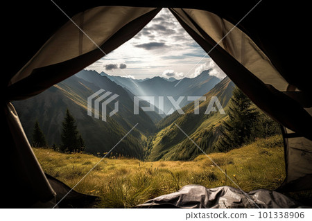 Amazing view from inside tent to mountain landscape. Camping during hike in mountains, outdoor activities. Created with Generative ai 101338906
