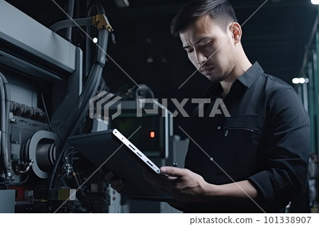 Engineer with tablet computer at factory workplace. Industrial worker controls operation of robotic production line. Created with Generative AI 101338907