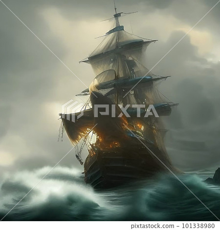 A huge ship sails on a stormy sea. AI generated. 101338980