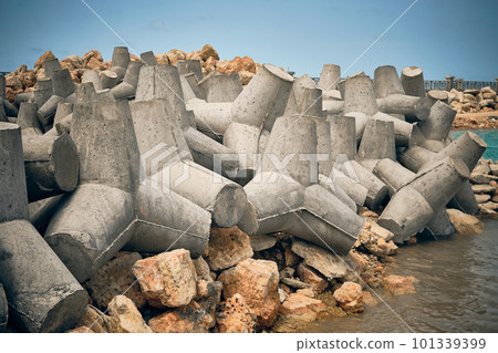 Concrete tetrapods of sea breakwater 101339399