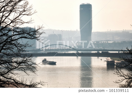 Bulk carrier sails down the Sava river 101339511