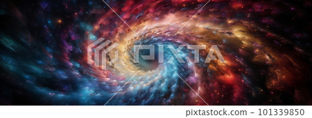 Abstract colourful spiral galaxy in space, interstellar nebula, realistic swirling vortex. AI generated 101339850