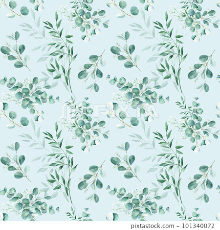 Seamless greenery watercolor pattern with eucalyptus, gypsophila and pistachio branches on blue background. Can be used for wedding prints, gift wrapping paper, kitchen textile and fabric prints. 101340072