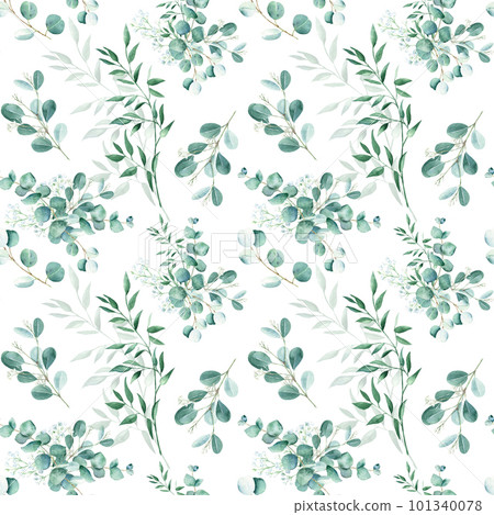 Seamless watercolor pattern with eucalyptus, gypsophila and pistachio branches on white background. Can be used for wedding prints, gift wrapping paper, kitchen textile and fabric prints. 101340078