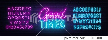 Good Times neon lettering on brick wall background. 101340090