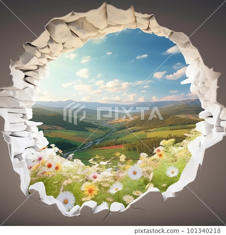 a beautiful natural landscape is visible through a hole in the wall, a flowering meadow, a nature concept, the importance of environmental protection 101340218