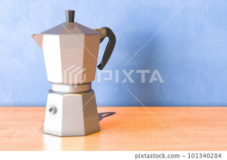 Coffee Maker, Moka Pot on the wooden table. 3D rendering Coffee Maker, Moka Pot on the wooden table. 3D rendering 101340284
