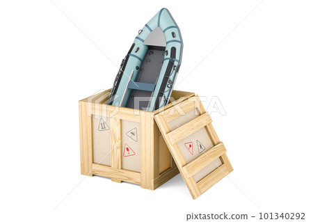 Inflatable boat inside wooden box, delivery concept. 3D rendering 101340292