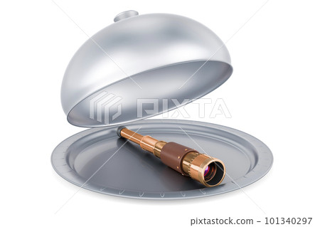 Restaurant cloche with Brass Hand Held Telescope, Pirate Spyglass. 3D rendering Restaurant cloche with Brass Hand Held Telescope, Pirate Spyglass. 3D rendering 101340297