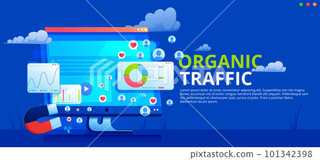 Organic seo concept banner. Computers screen with graphics and website statistics. Magnifying glass with green leaves 101342398