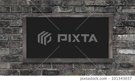 A charcoal gray chalkboard on a sooty vintage brick wall 101343037