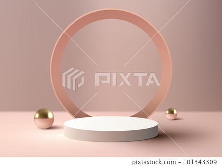 3D realistic modern luxury style empty white podium platform with pink circle backdrop and golden balls on pink background and natural lighting 3D realistic modern luxury style empty white podium platform with pink circle backdrop and golden balls on pink background and natural lighting 101343309