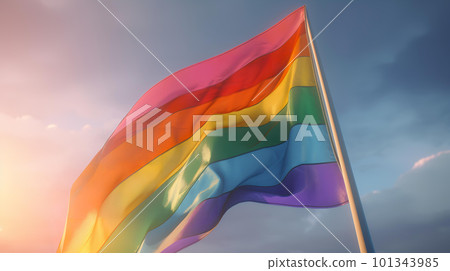 LGBTQ rainbow flag fluttering in the blue sky (Generative AI) 101343985