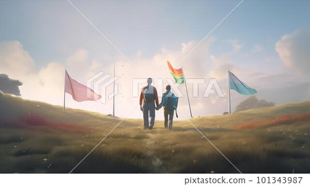 LGBTQ rainbow flag fluttering in the blue sky (Generative AI) LGBTQ rainbow flag fluttering in the blue sky (Generative AI) 101343987