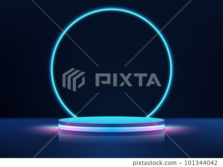 3D realistic empty blue and pink neon colors podium with circles glowing blue neon light backdrop on black background technology style 101344042