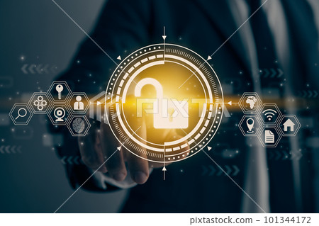 Businessman Hand and Finger Touching Screen and HUD Unock Security Sign in Vintage Tone Businessman Hand and Finger Touching Screen and HUD Unock Security Sign in Vintage Tone 101344172