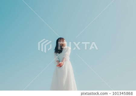 有藍天袋子的一名婦女 101345868