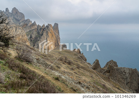 Rocks in Dead city. Khoba-Tele Ridge of Karadag Reserve in spring. Crimea 101346269
