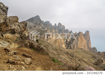 Rocks in Dead city. Khoba-Tele Ridge of Karadag Reserve in spring. Crimea 101346270
