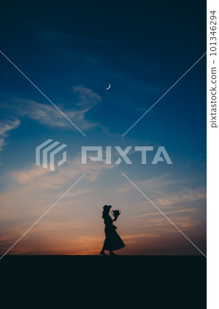 Silhouette woman with dried flowers 101346294