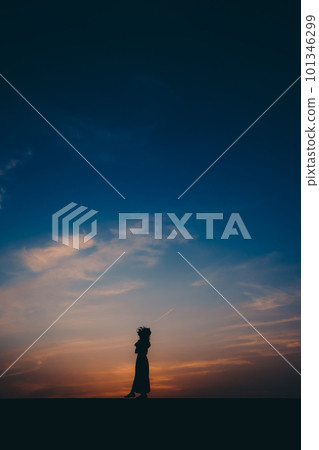 Silhouette woman with dried flowers 101346299