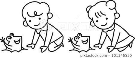 一個女孩和一個男孩發現了一隻從地裡出來的青蛙 101346530