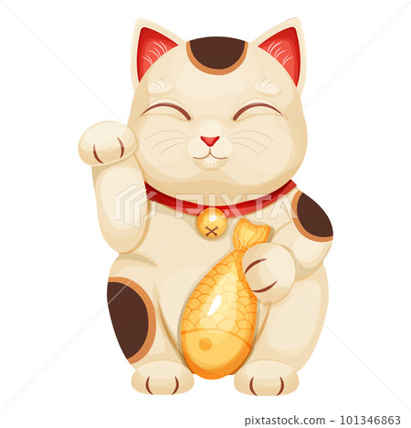 Maneki neko cat tradition figure lucky symbol, pet with collar and bell, golden fish in cartoon style isolated on white background 101346863