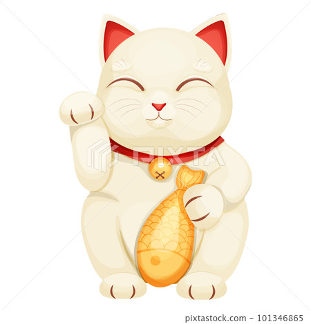 Maneki neko cat tradition figure lucky symbol, pet with collar and bell, golden fish in cartoon style isolated on white background 101346865