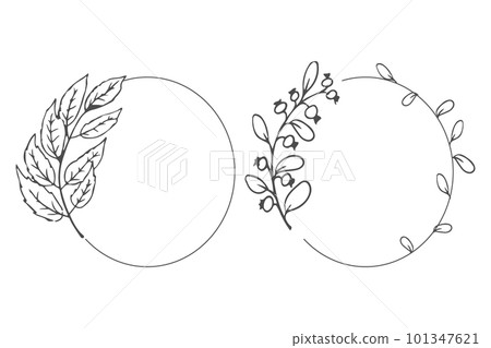 floral bohemian elegant aesthetic circle frame with leaves in doodle style isolated on white background. floral bohemian elegant aesthetic circle frame with leaves in doodle style isolated on white background. 101347621