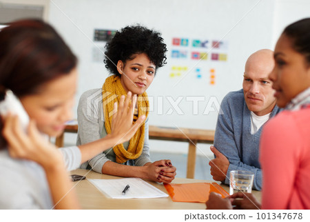Office, communication and phone call with stop hand for distraction, silence and focus. Shut up, quiet and rude girl employee on smartphone talking at desk with unhappy coworkers together. 101347678