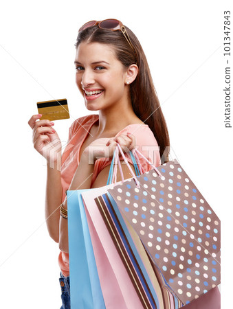 Happy woman, shopping and credit card for portrait, white background and isolated studio for product sales. Rich customer, model and shopping finance, ecommerce market and retail discount promotion Happy woman, shopping and credit card for portrait, white background and isolated studio for product sales. Rich customer, model and shopping finance, ecommerce market and retail discount promotion 101347843