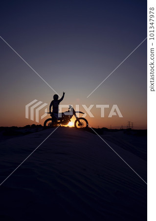 Motorcycle, success and person silhouette celebrating victory against a night, sky and background in nature. Sports, motorbike and biker stop for accomplishment, achievement and biking on dirt road Motorcycle, success and person silhouette celebrating victory against a night, sky and background in nature. Sports, motorbike and biker stop for accomplishment, achievement and biking on dirt road 101347978